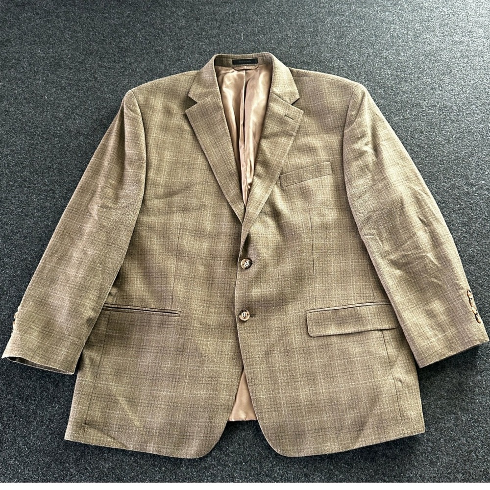 Lauren Ralph Lauren Silk Wool Blazer 44S Tan Brown Glen Plaid Sport Coat Mens